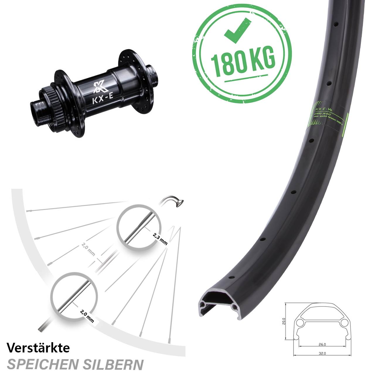 KX Evo Vorderrad 20 Zoll für Steckachse Lastenrad verstärkt