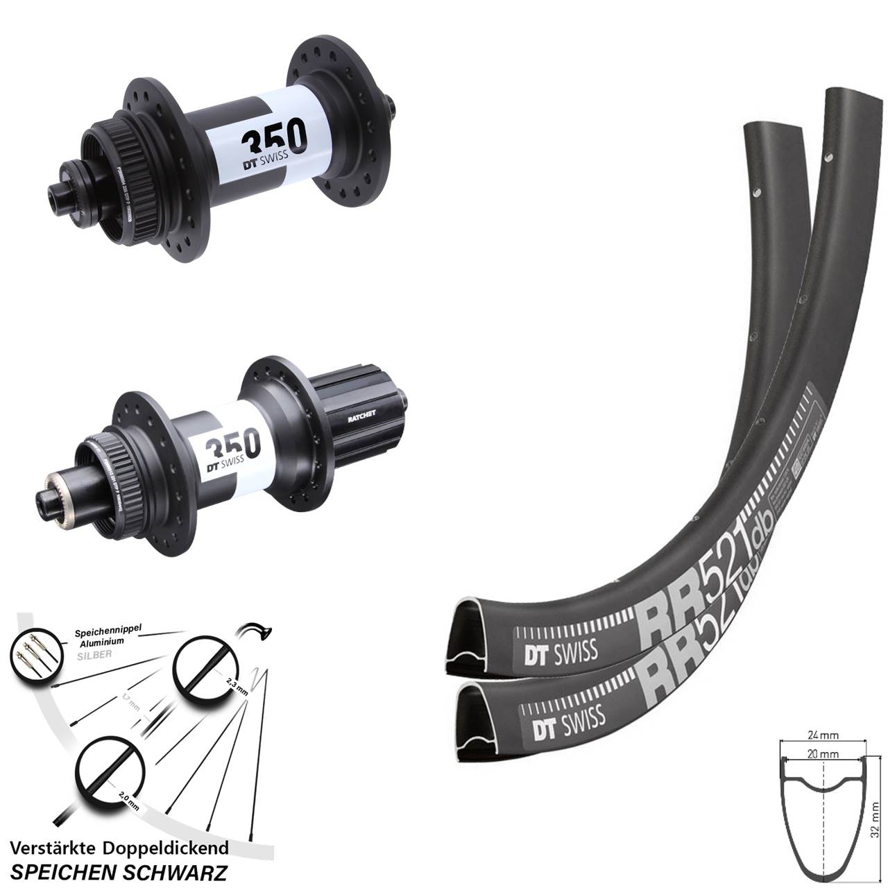 28 Zoll DT Swiss RR 521 350 Disc Laufrad-Satz QR 8-11 fach HG