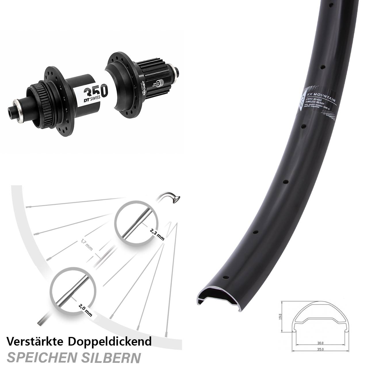 29 Zoll KX Mountain TR DT Swiss 350 Hinterrad Centerlock QR Boost Micro Spline
