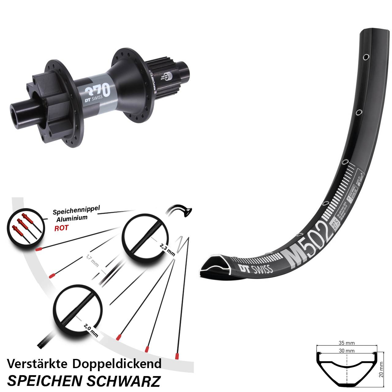 27,5 Zoll DT Swiss M502-370 Boost Disc Laufrad 12x148 Micro Spline