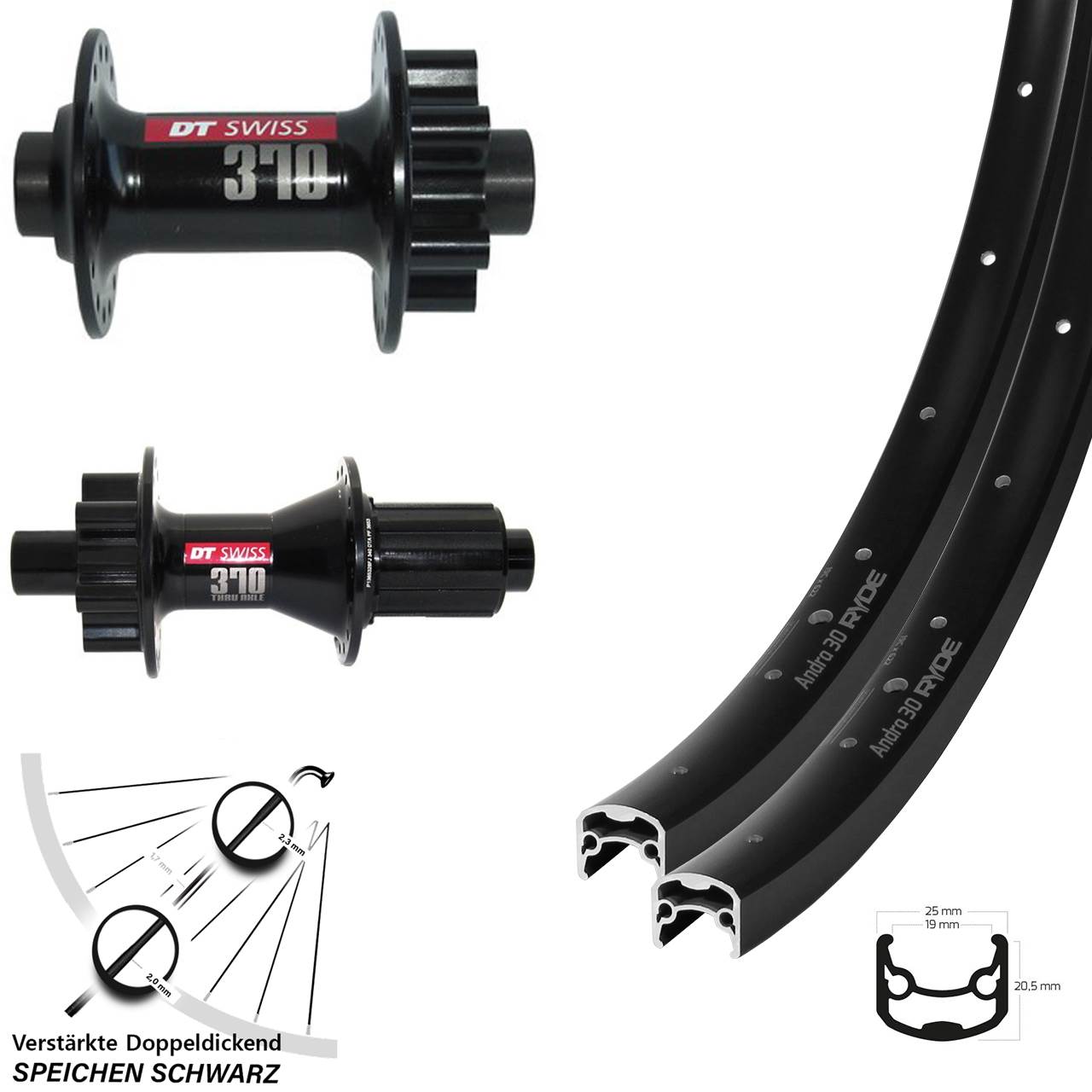 28-29 Zoll Ryde Andra 30 DT Swiss 370 Disc Laufrad-Satz 15x100 12x142 8-11 fach HG