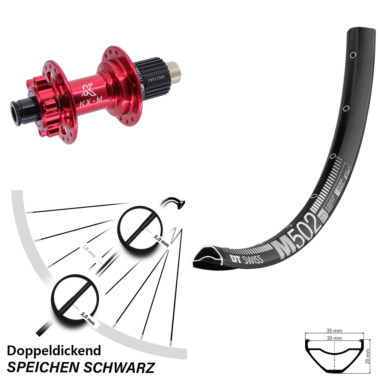 29 Zoll DT Swiss M 502 KX-M rot 6-Loch Hinterrad 12x142 Shimano Micro Spline