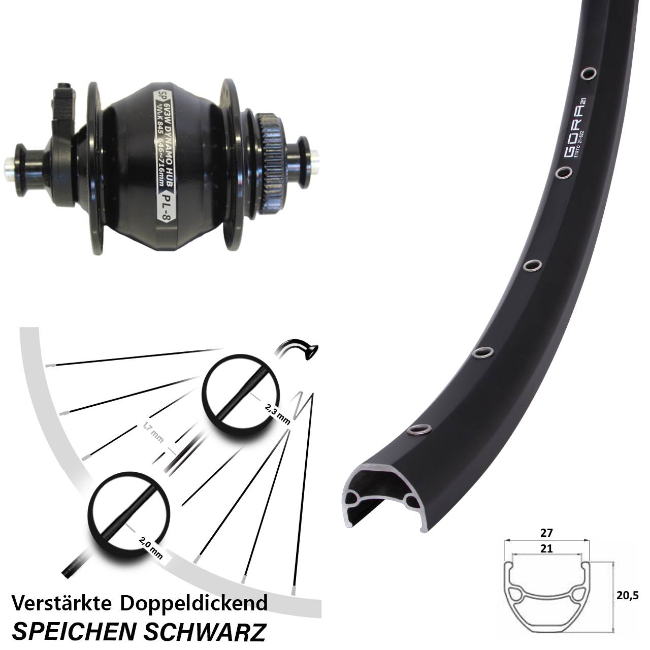 Centerlock Vorderrad mit Dynamo 29 Zoll Gora 21 Shutter PL-8 für Schnellspanner