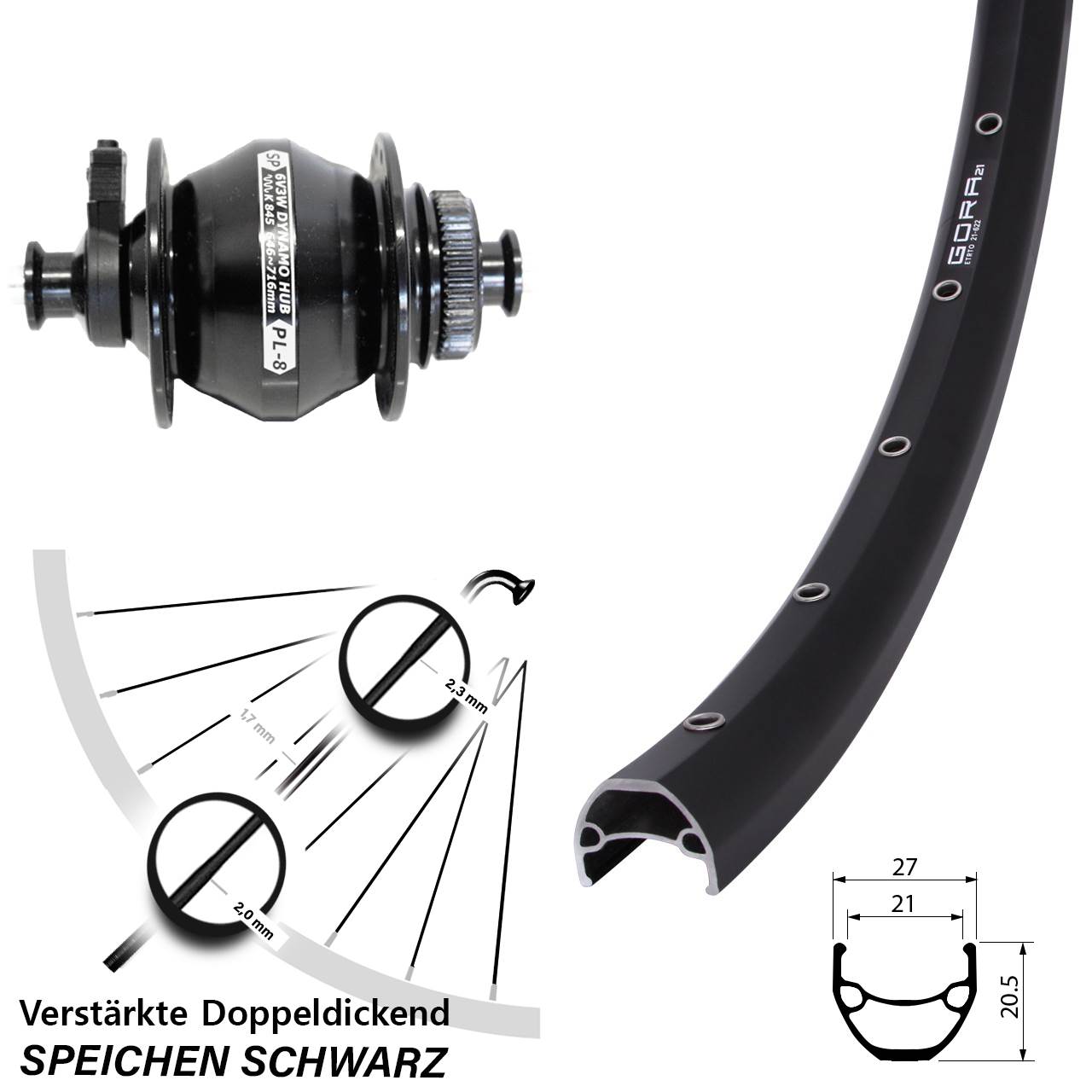 Centerlock Vorderrad mit Dynamo 29 Zoll Gora 21 Shutter PL-8 für Schnellspanner