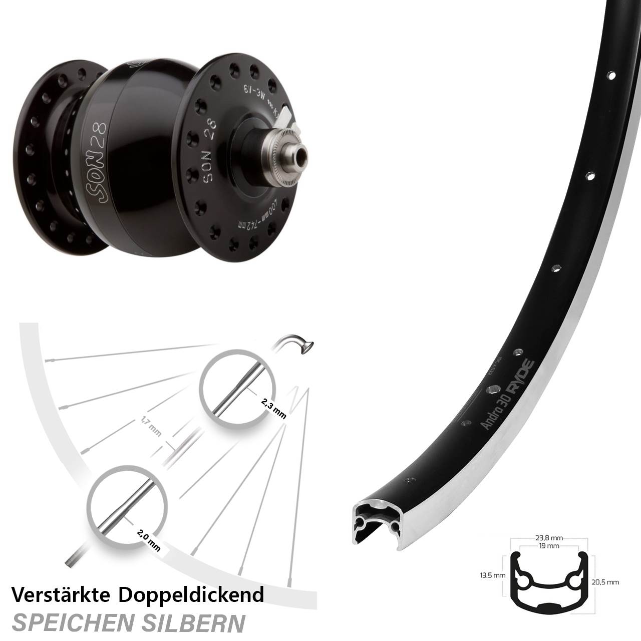 SON 28 Ryde Andra 30 26 Zoll Nabendynamovorderrad für Schnellspanner