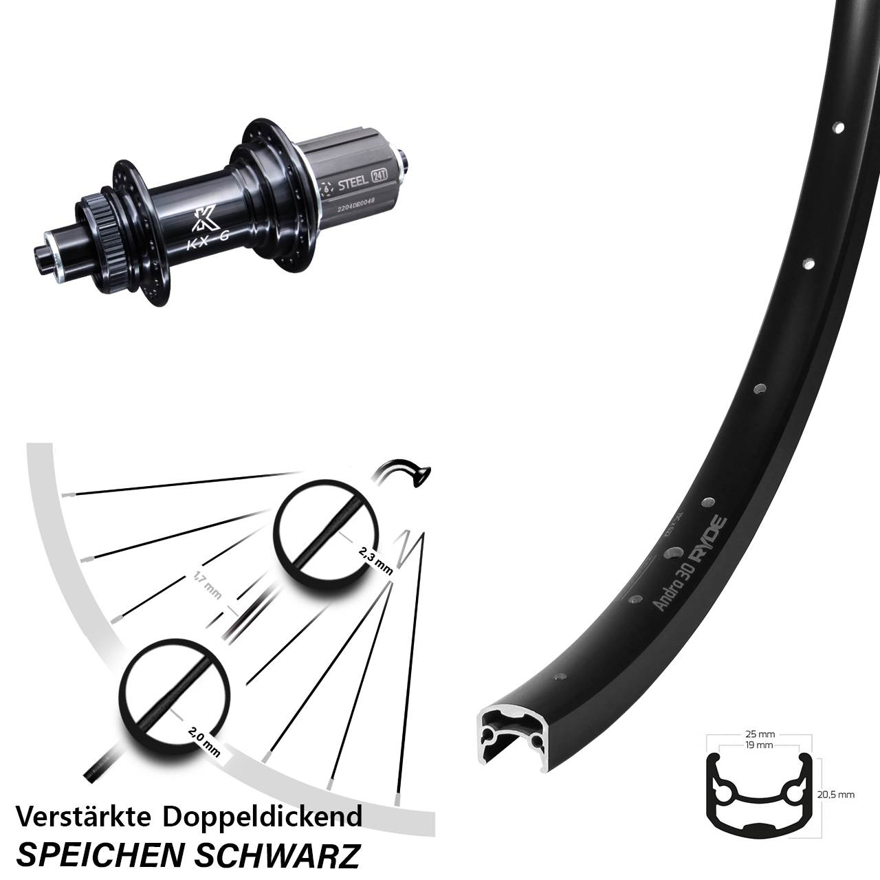 Ryde Andra 30 Disc KX-GS verstärkt 28 Zoll Hinterrad für Schnellspanner 8-12 fach