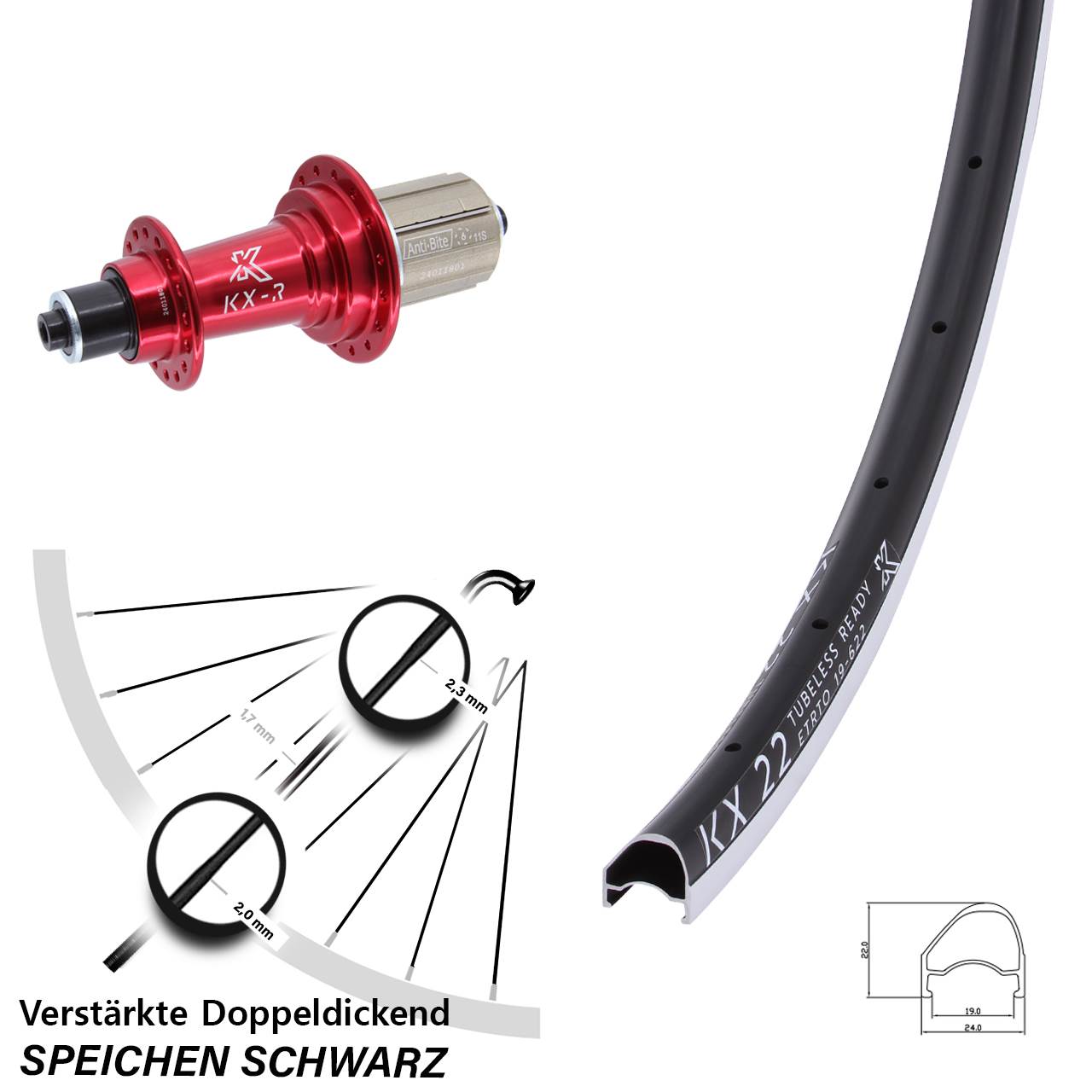 28 Zoll KX-R 22 OS rot Hinterrad für Schnellspanner 8-12 fach