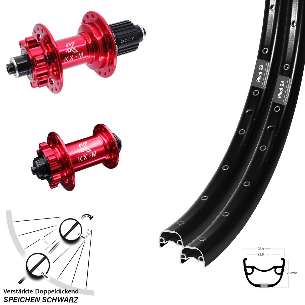 650B Ryde Rival 23 KX-M rot Laufradsatz 6-Loch für Schnellspanner Micro Spline