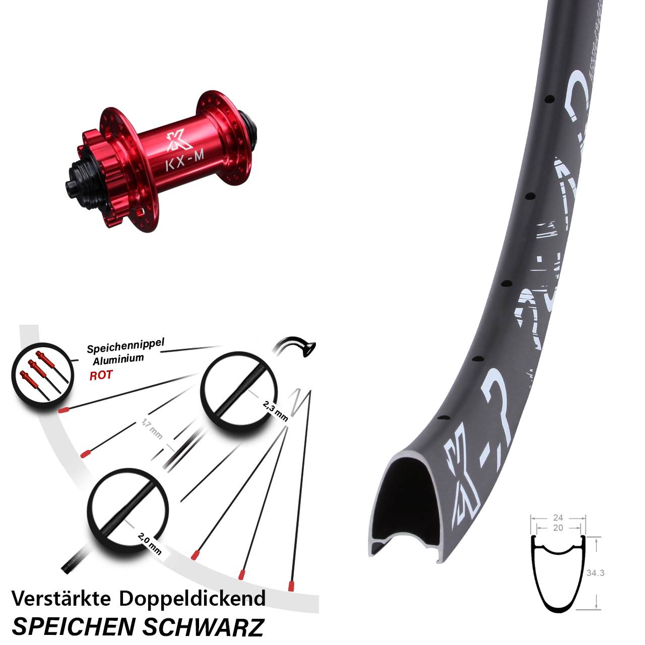 28 Zoll KX-R Road Bikepacking rot Vorderrad 6-Loch QR