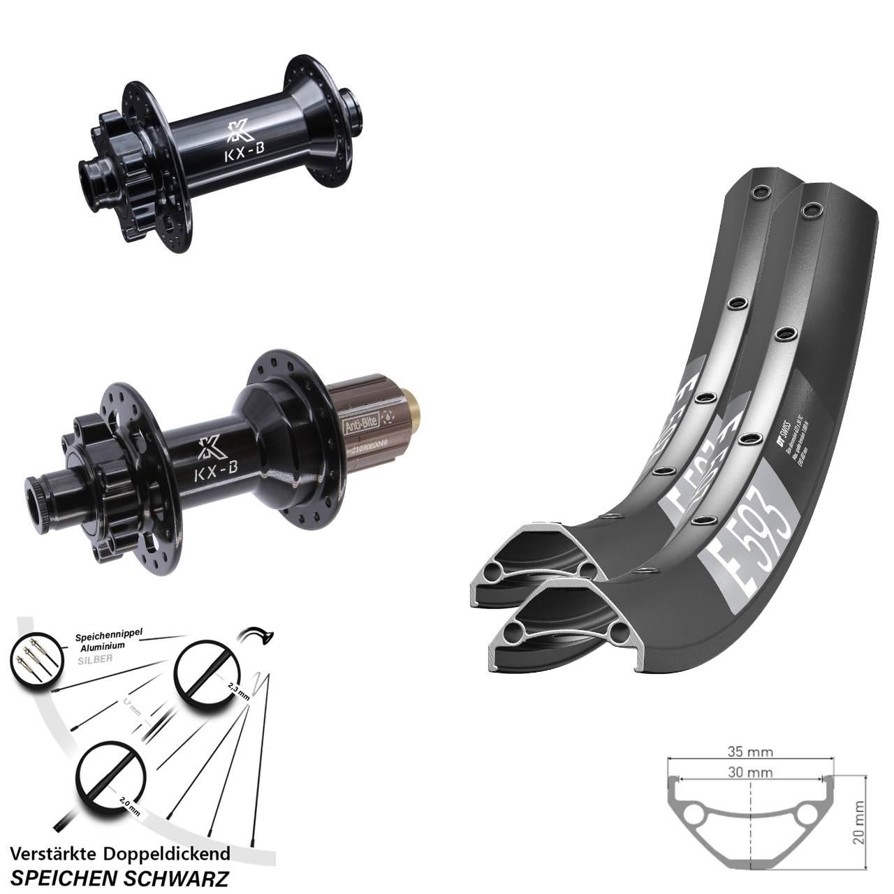 DT Swiss E593 KX-B 650B Laufradsatz 6-Loch 15x110 12x148 Boost 8-11 fach HG