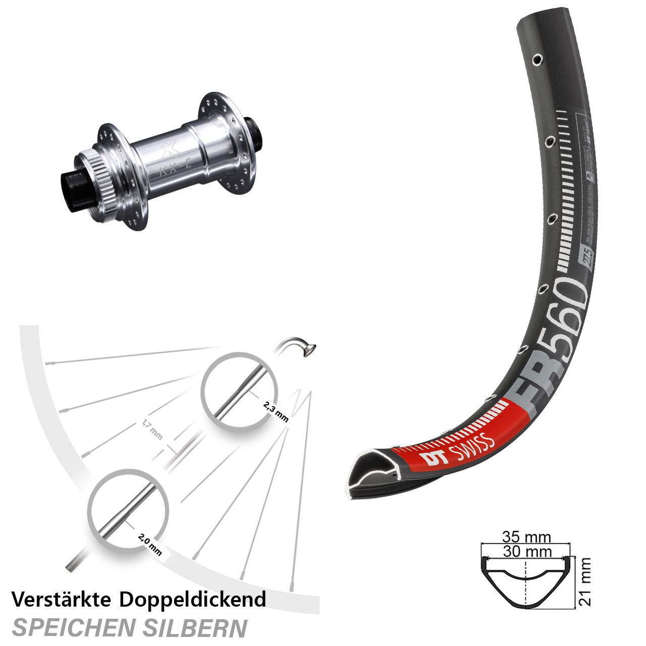 26 Zoll Vorderrad KX-E Steckachse 15x100 DT Swiss FR 560 Centerlock