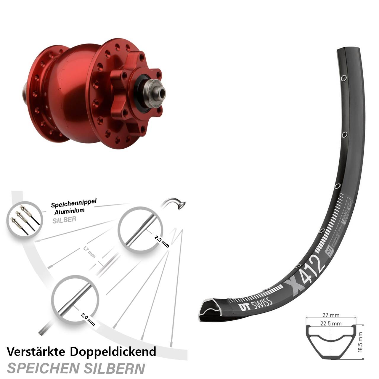 DT Swiss X 412 SON 28 rot 29 Zoll Dynamo-Vorderrad 6-Loch QR