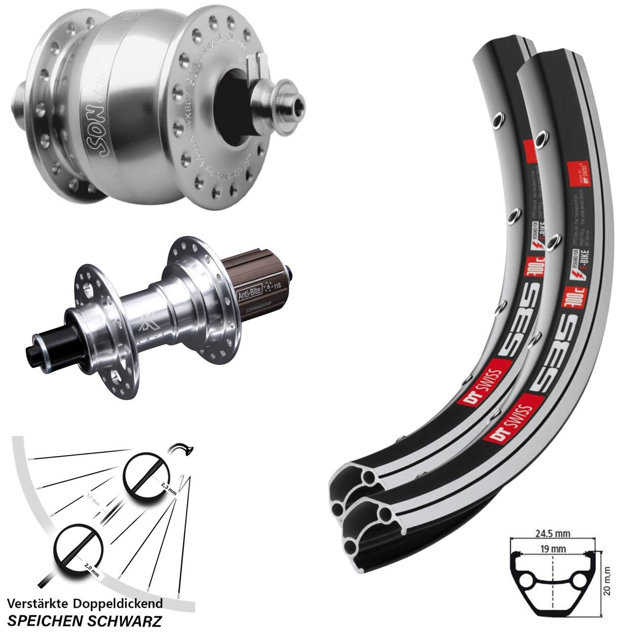 Laufradsatz für Schnellspanner 26 Zoll DT Swiss 535 KX-T SON delux 8-12 fach HG