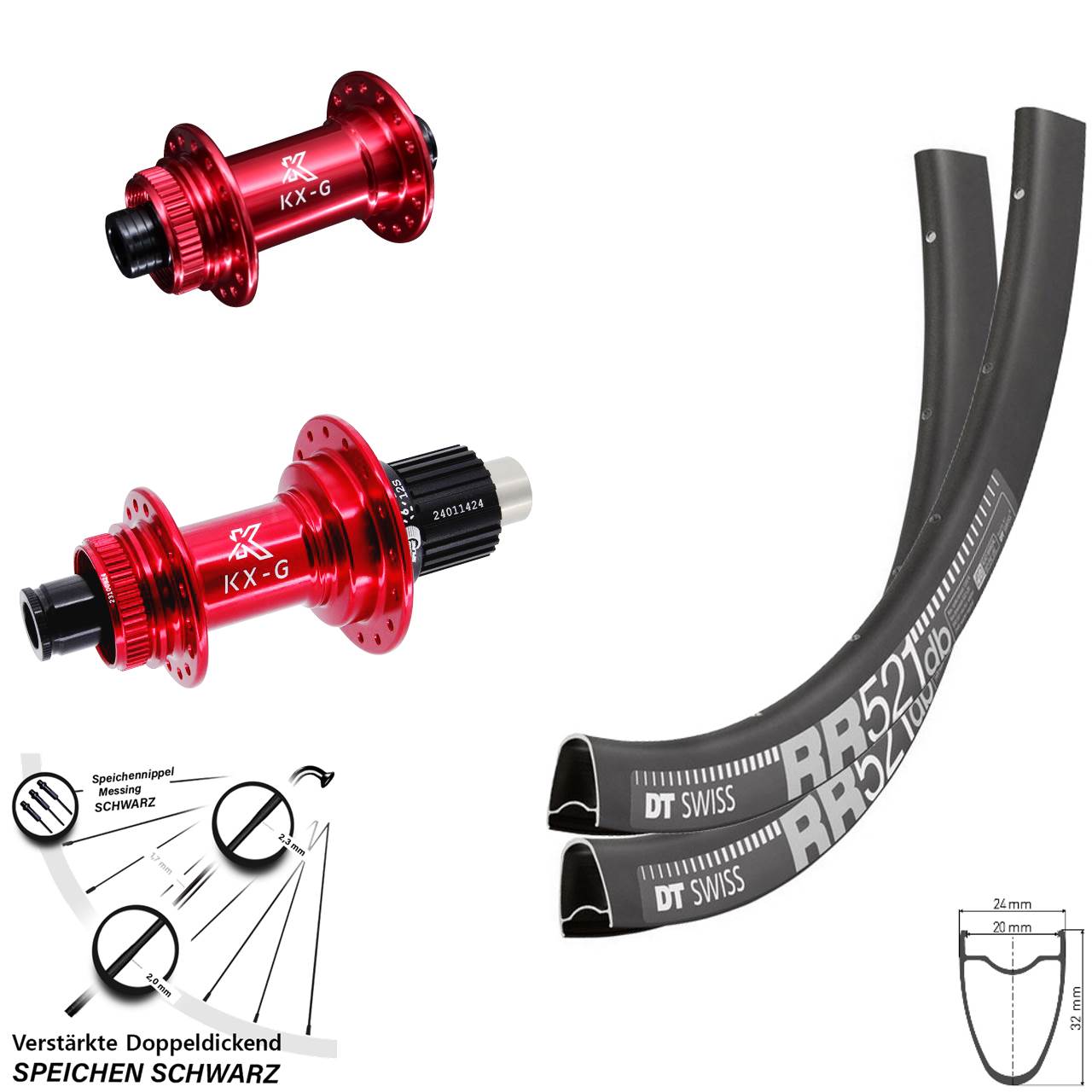 28 Zoll DT Swiss RR 521 Disc Laufradsatz 15x100/12x142 KX-G rot Micro Spline
