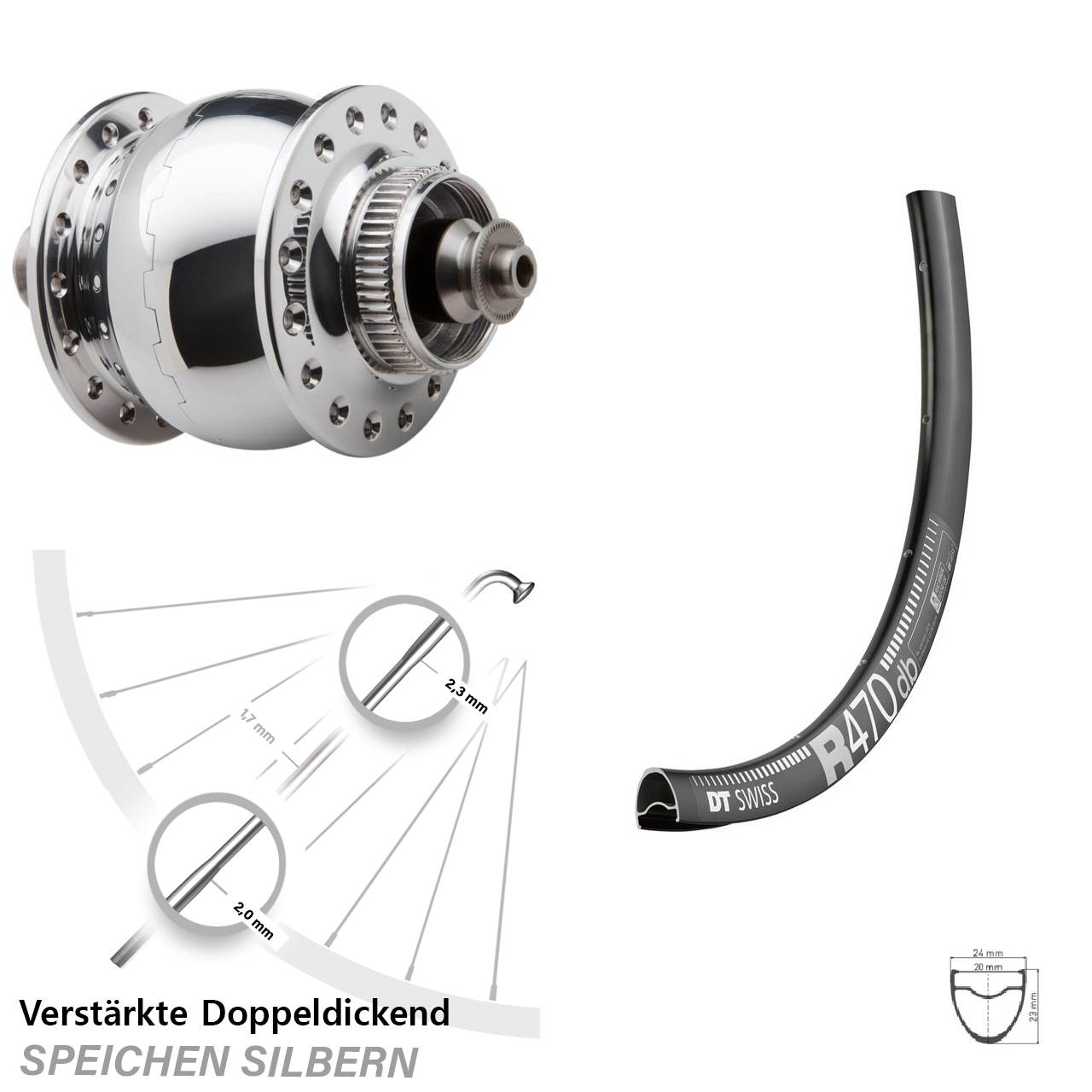 SON delux DT Swiss R470 28 Zoll Disc Laufrad mit Nabendynamo für Schnellspanner