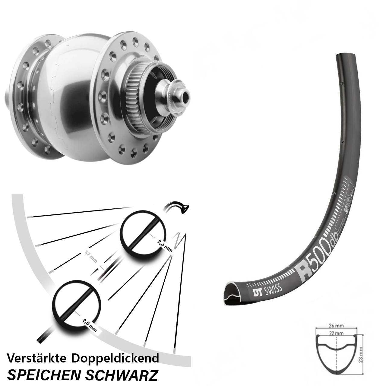 Vorderes Rad Nabendynamo DT Swiss R 500 SON 28 Zoll silbern eloxiert Schnellspanner