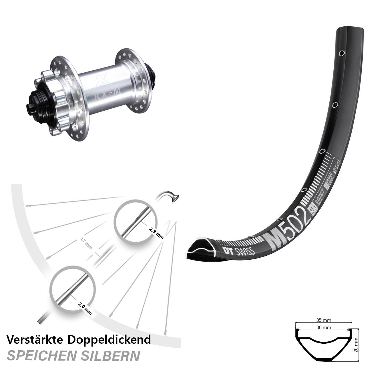 6-Loch Vorderrad für Schnellspanner 29 Zoll DT Swiss M 502 KX-M