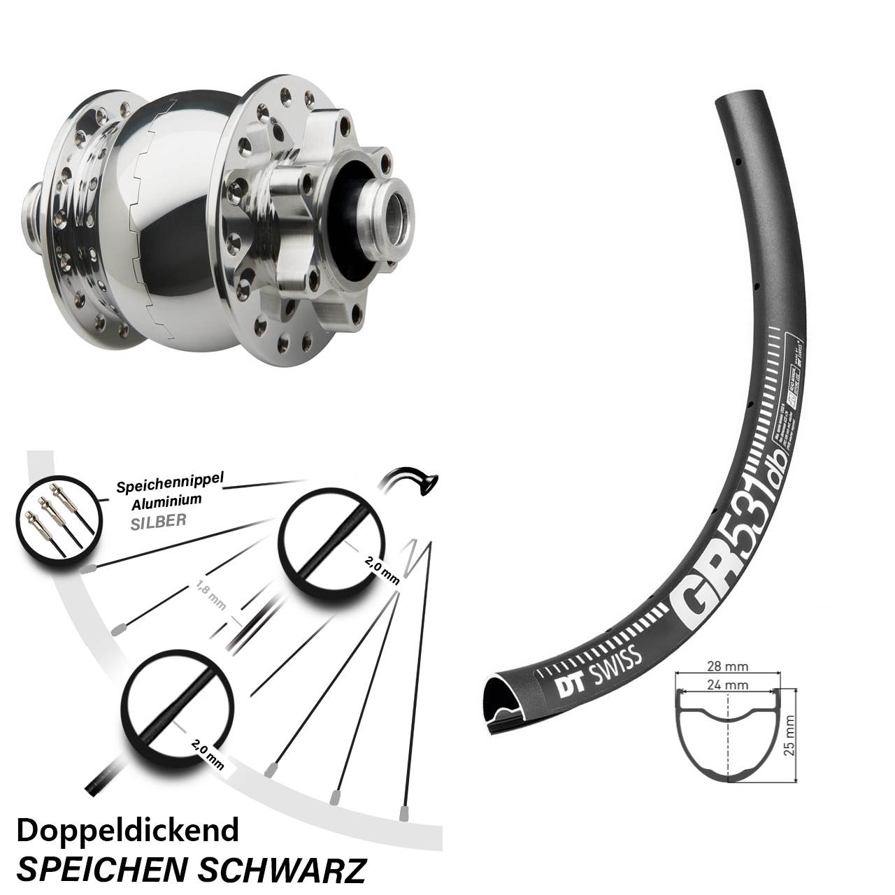 Disc Nabendynamolaufrad 12x100 27,5 Zoll DT Swiss GR531 SON 28 poliert
