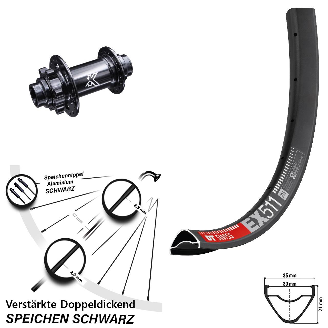 6-Loch Vorderrad 27,5 Zoll DT Swiss EX 511 KX-M Steckachse 20x110 (DH alt)