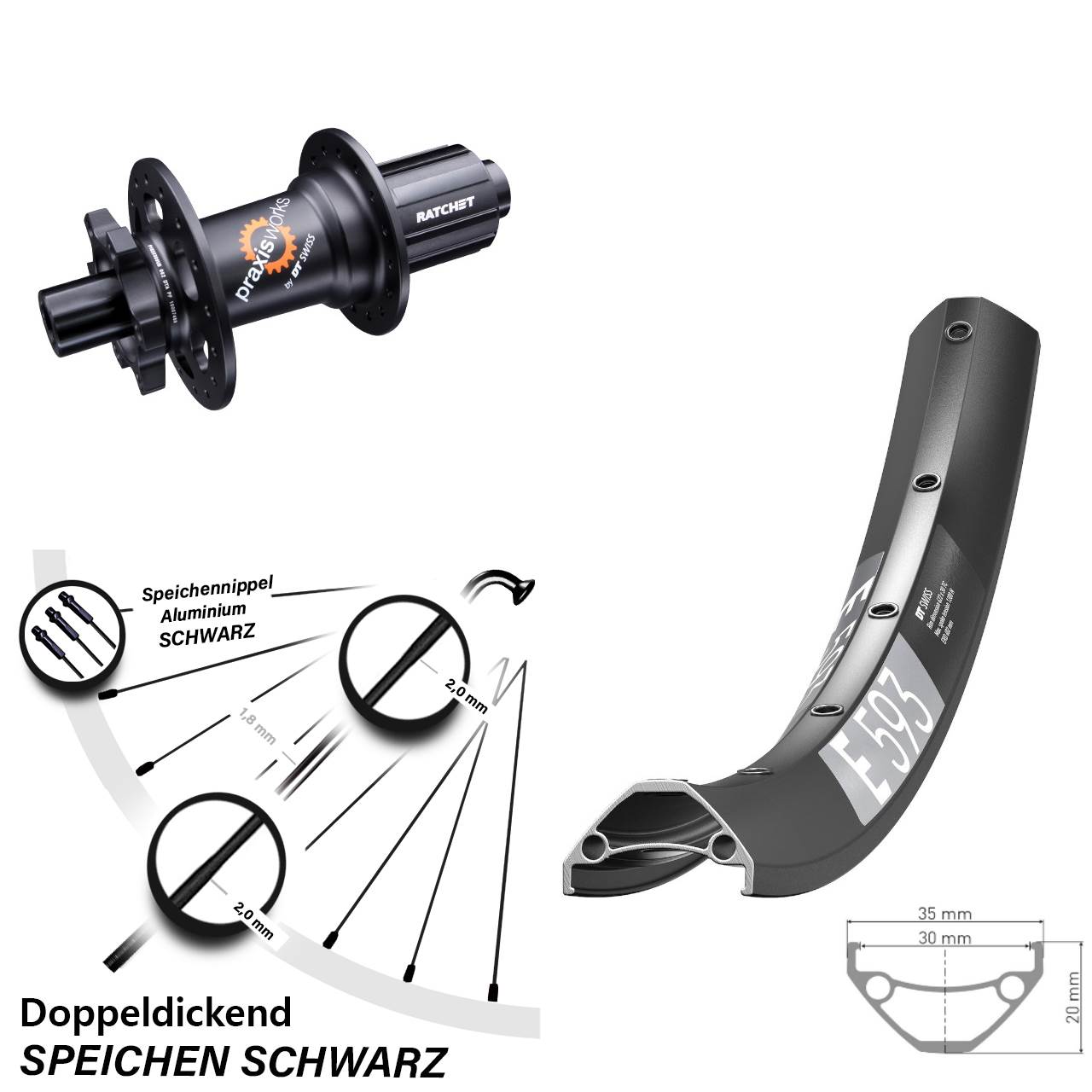 27,5 Zoll DT Swiss E593-350 Hinterrad 6-Loch 12x142 8-11 fach