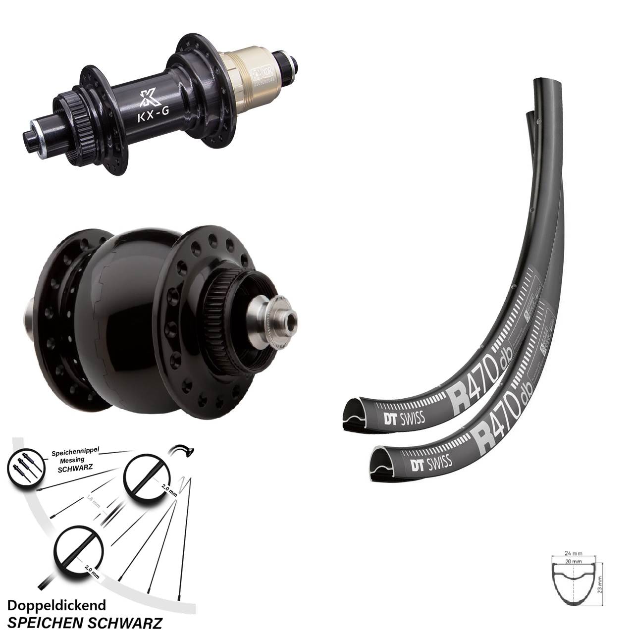 28 Zoll Laufradsatz Road Disc DT Swiss R470 Nabe KX-G Sram XD-R 12-fach Dynamo SON delux