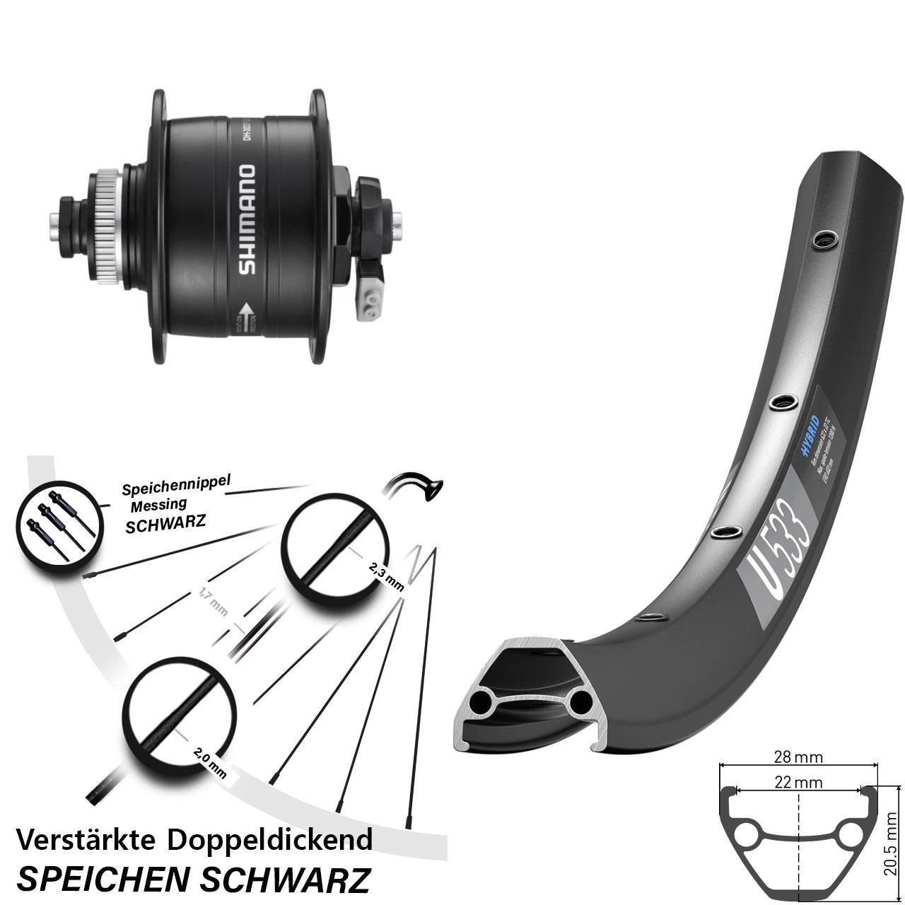 Centerlock Dynamo-Vorderrad für Schnellspanner 28 Zoll DT Swiss U533 Shimano DH-3D37