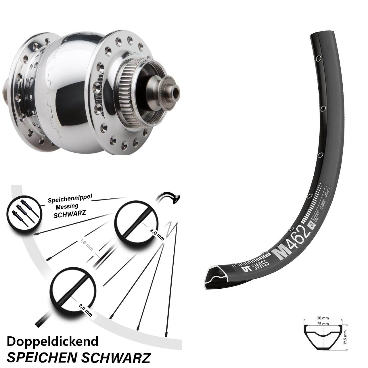 27,5 Zoll DT Swiss M 462 SON 28 Centerlock Vorderrad mit Nabendynamo für Schnellspanner