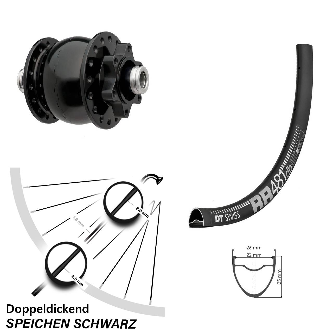 28 Zoll Vorderrad mit Nabendynamo DT Swiss RR 481 Son 28-12 schwarz