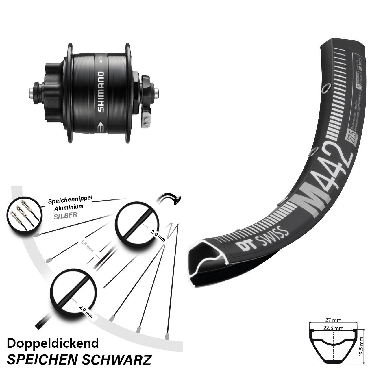 Nabendynamovorderrad 6-Loch QR 28 Zoll DT Swiss M442 Shimano DH-3D32