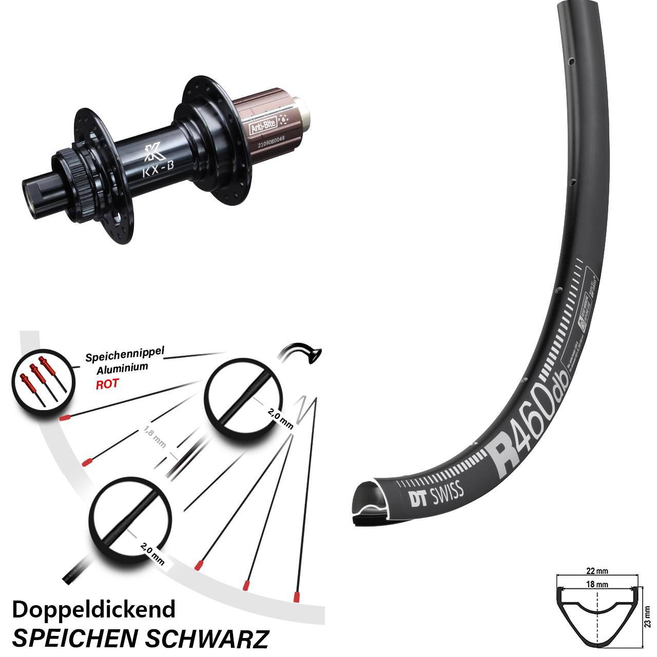 DT Swiss R 460 Hinterrad 28 Zoll KX-B Boost 12x148 mm Centerlock Shimano Road 11-12 fach
