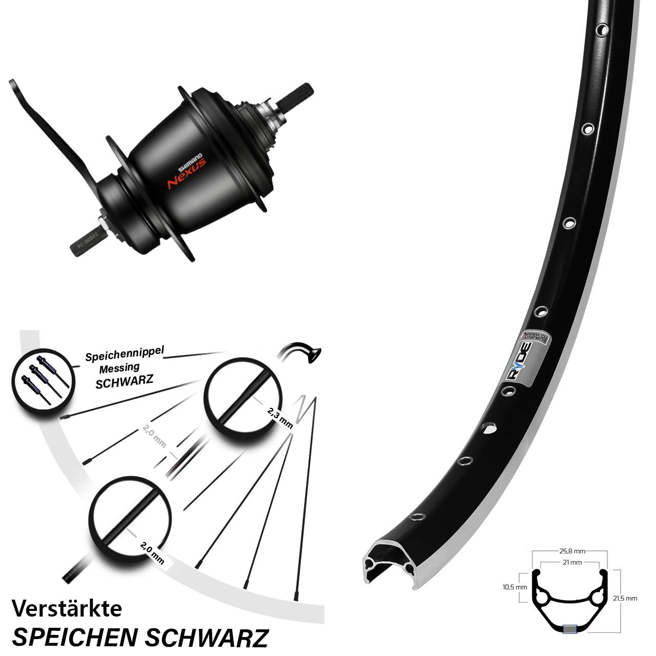26 Zoll Hinterrad Ryde Zac 421 Shimano Nexus SG-C3001 7 Gang Rücktritt schwarz