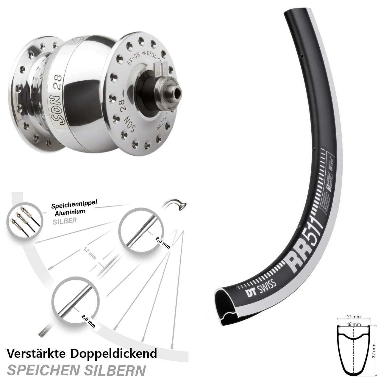 Son 28 Zoll silbern poliert DT Swiss RR511 Vorderrad QR