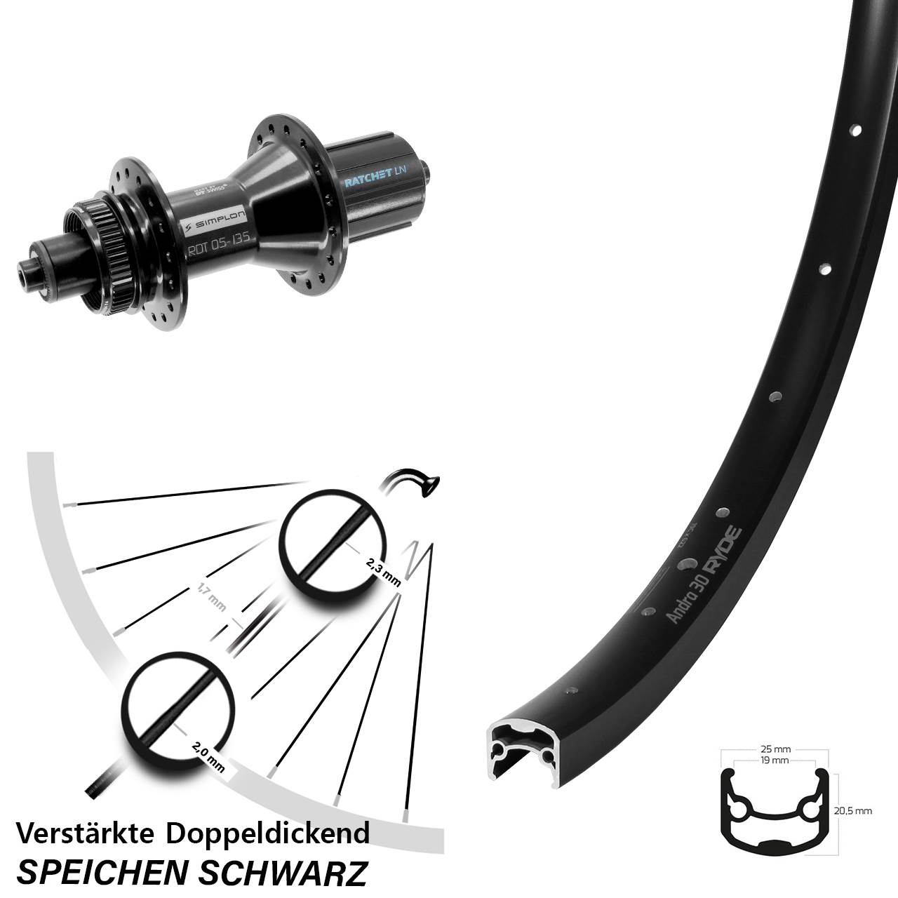 Ryde Andra 30 DT Swiss 370 Hybrid 28 Zoll Disc Hinterrad für Schnellspanner 8-11 fach