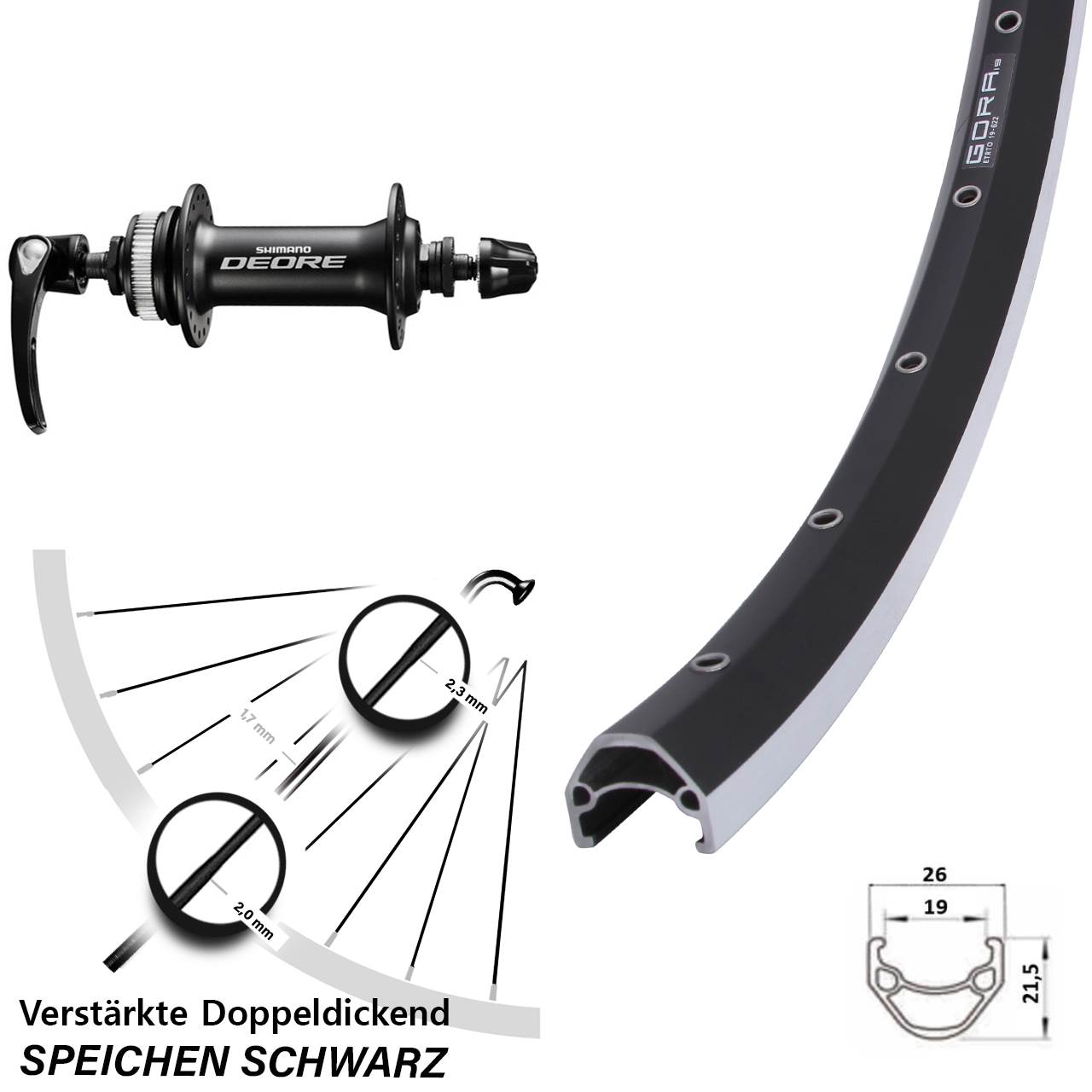 Vorderrad für Schnellspanner 28 Zoll Gora 19 Shimano HB-M6000