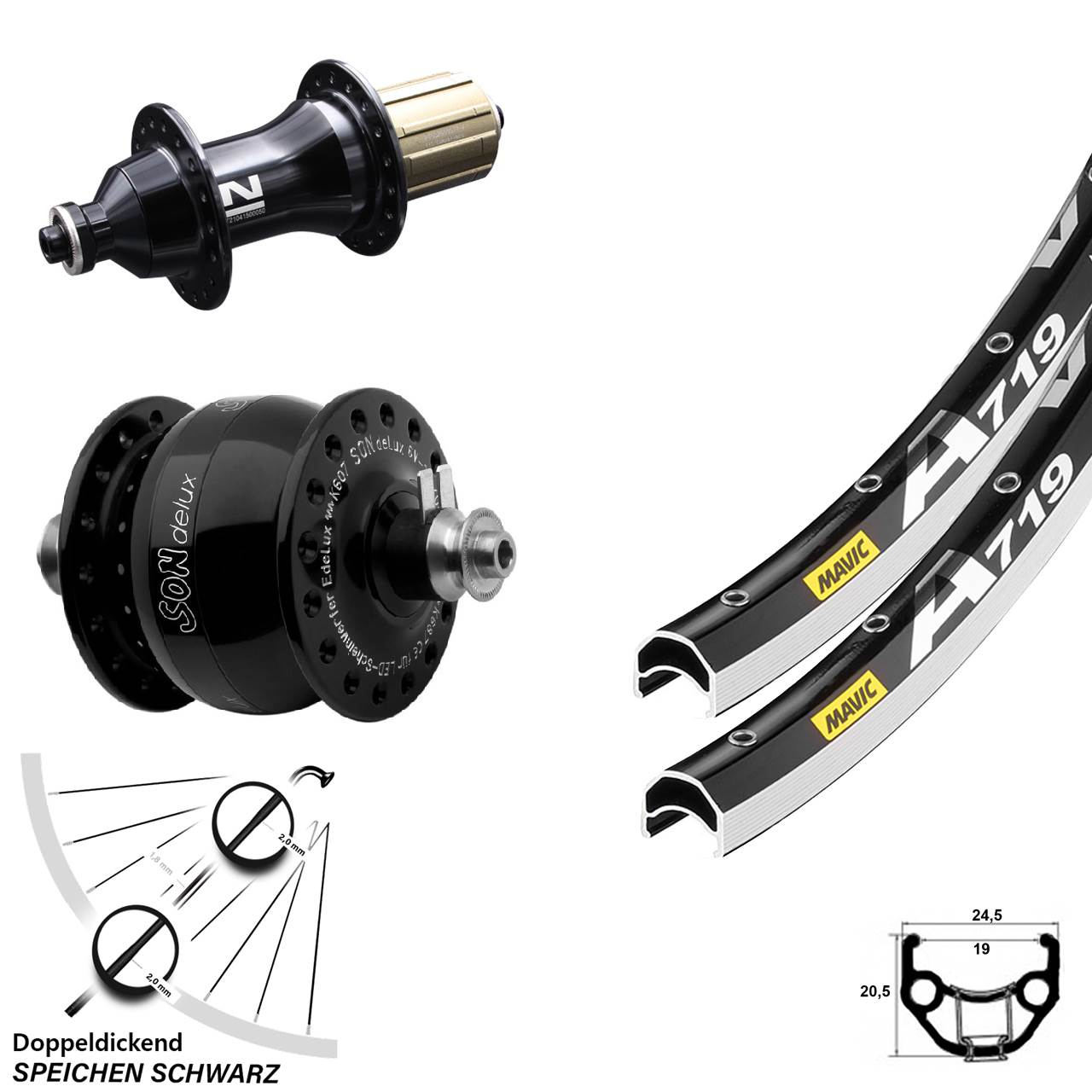 Mavic A 719 Novatec F162SB SONdelux 28 Zoll Laufradsatz für Schnellspanner 8-12 fach