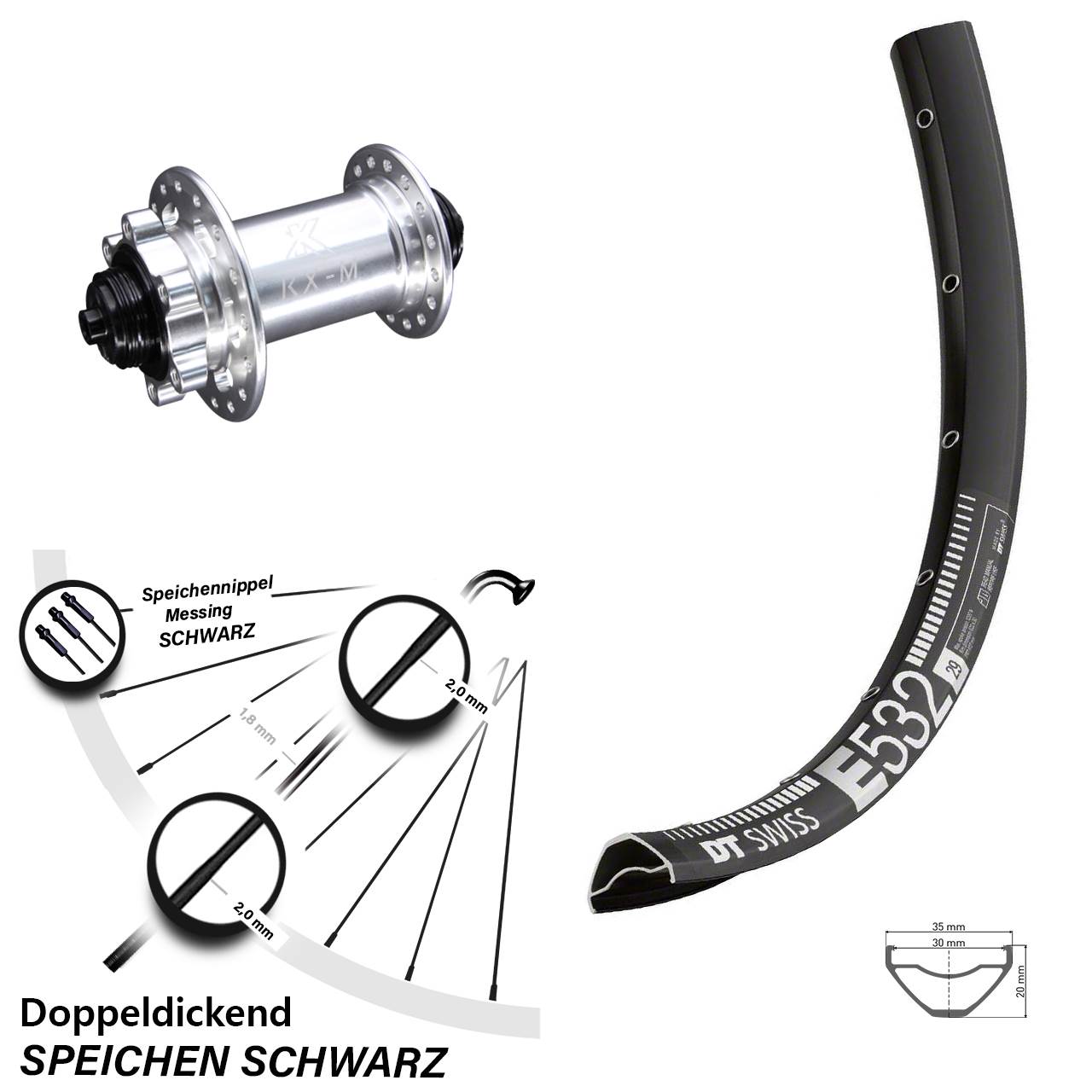 29 Zoll DT Swiss E 532 Disc KX-M 6-Loch Vorderrad QR