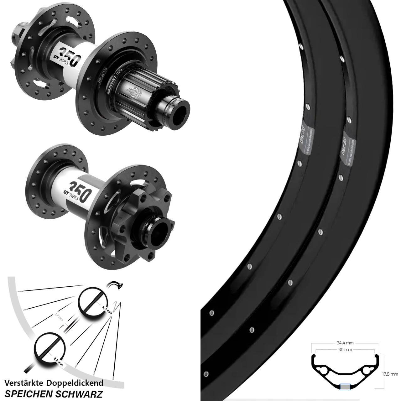 Laufradsatz 27,5 Zoll Ryde Disc 30 DT Swiss 350 DEG72 Shimano Micro Spline Boost