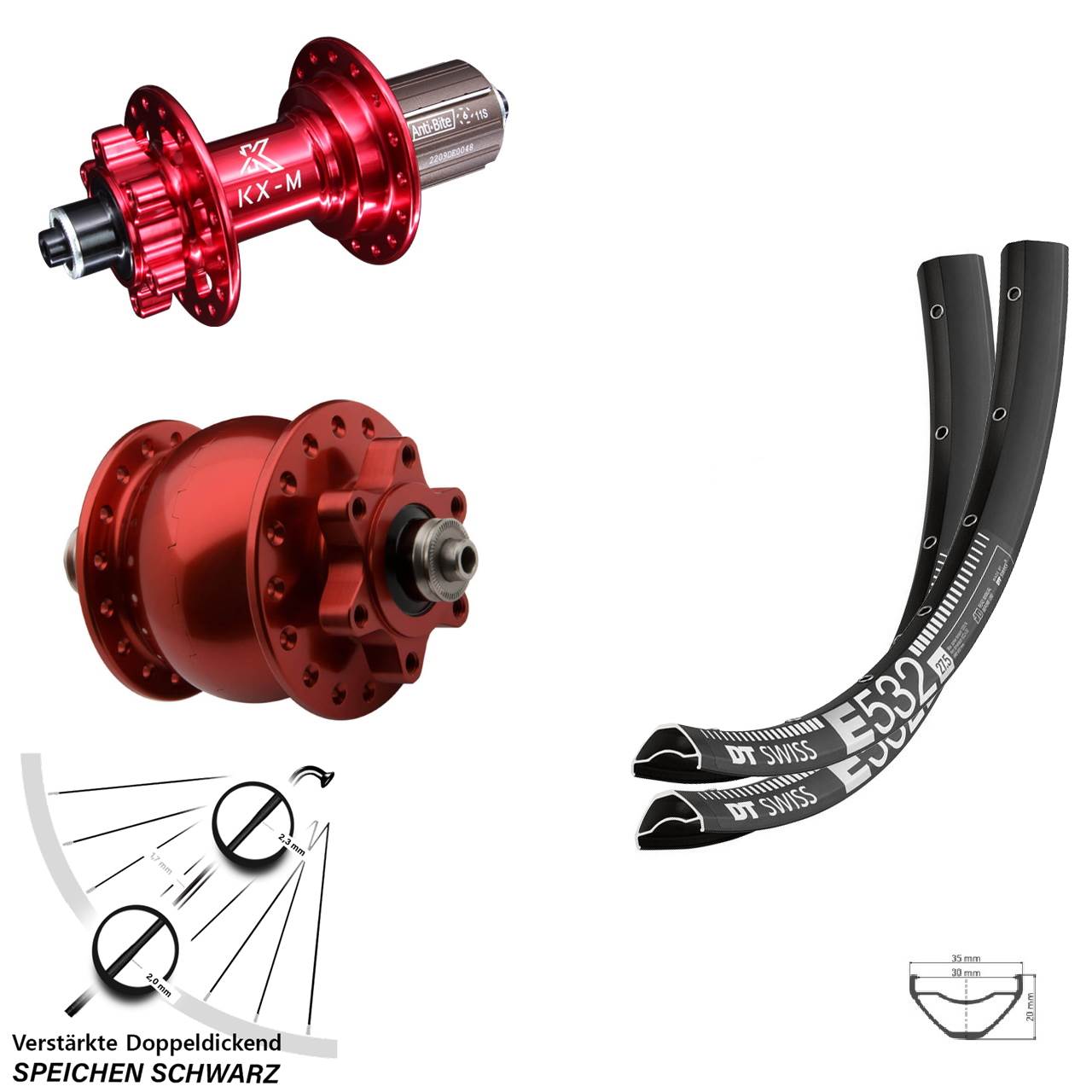 27,5 Zoll DT Swiss E 532 KX-M rot Disc 6-Loch SON 28 Laufradsatz QR 8-12 fach HG