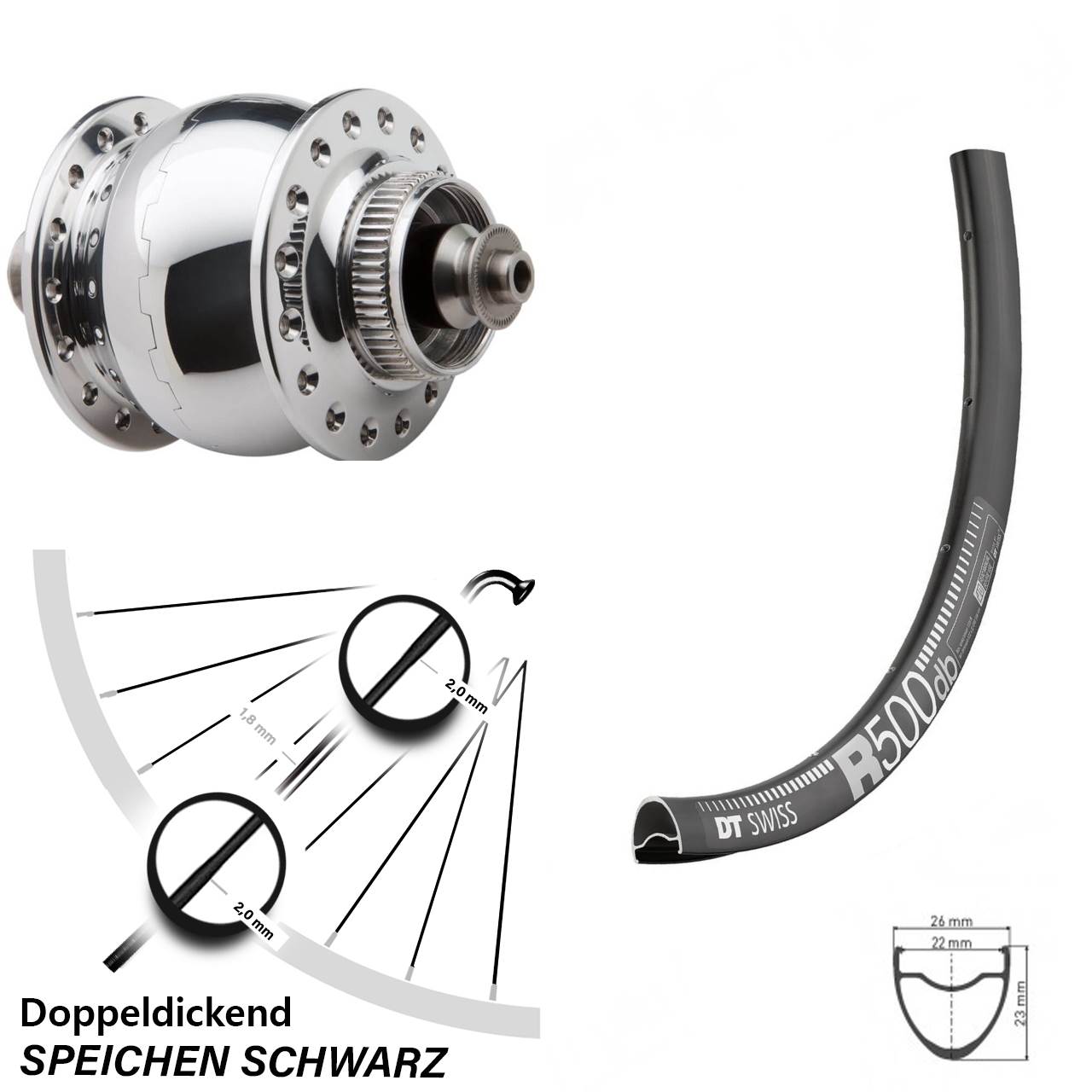 DT Swiss 29 Zoll R 500 Vorderrad mit Nabendynamo SON 28 silber poliert Disc