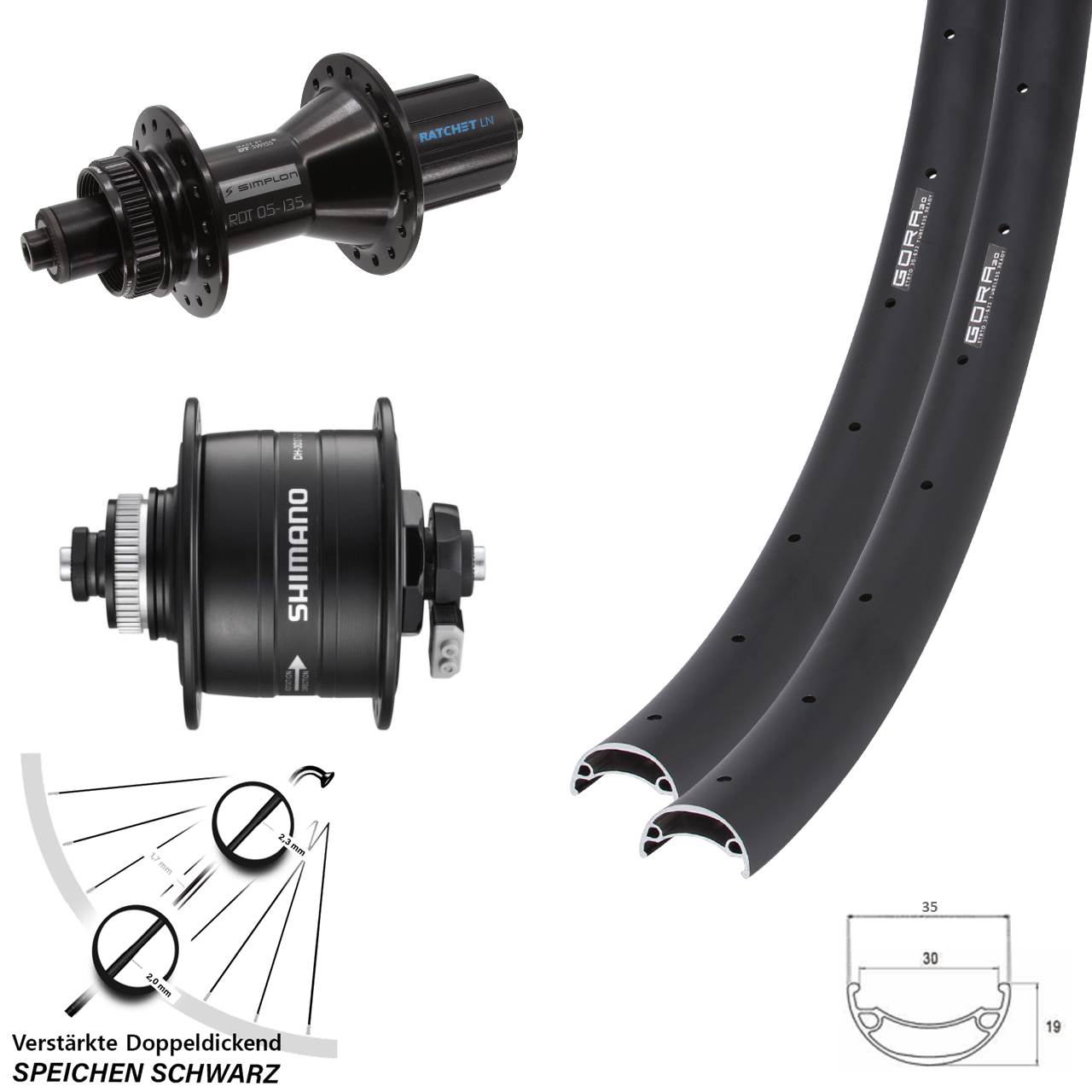 29 Zoll Gora 30 DT Swiss 370 Hybrid Shimano DH-3D37 Disc Laufradsatz QR 8-11 fach