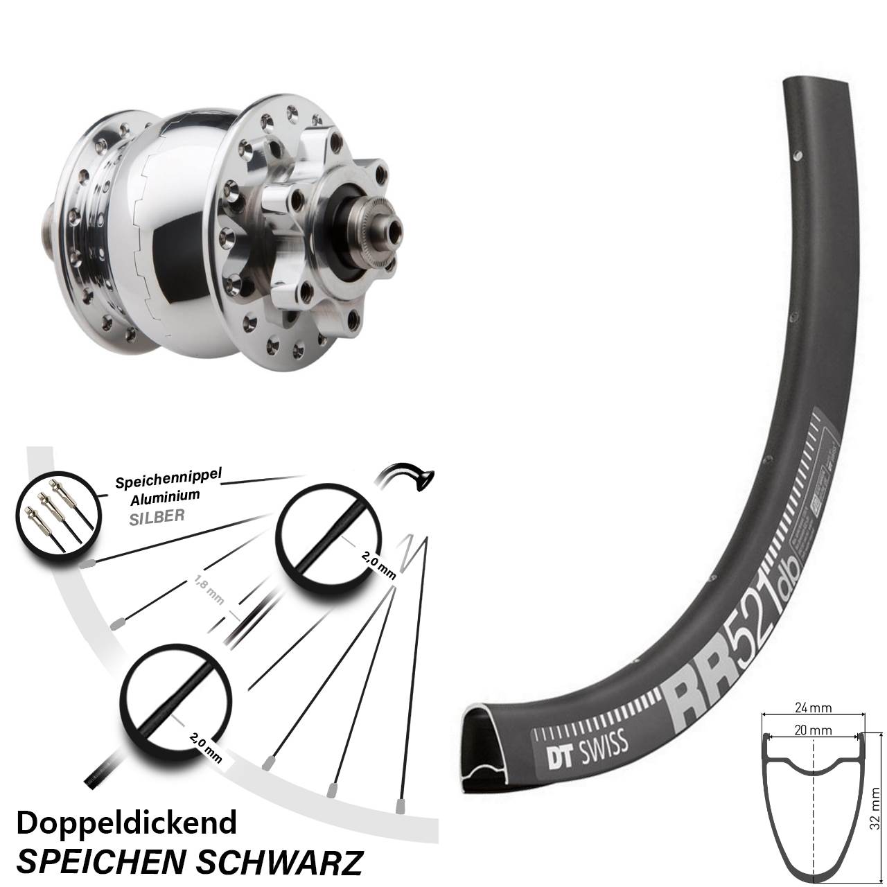 Disc Nabendynamolaufrad QR DT Swiss RR 521 SON 28 Zoll poliert