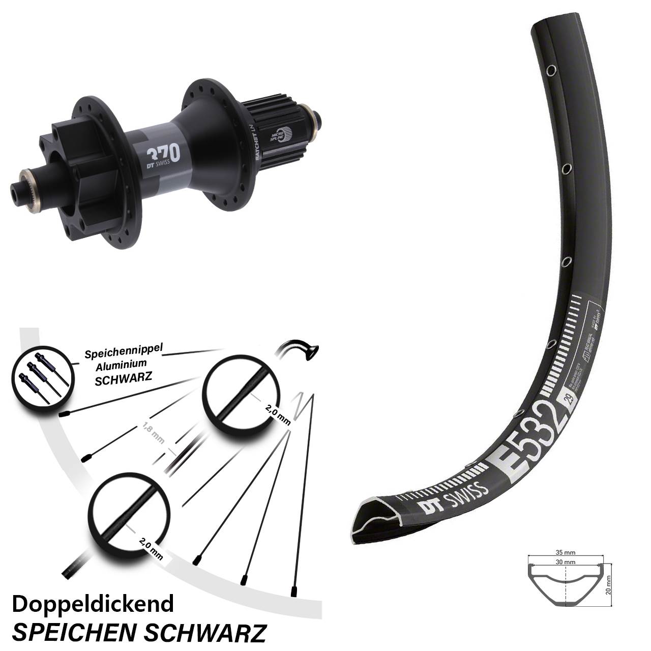 27,5 Zoll DT Swiss E 532 370 Boost Disc Hinterrad für Schnellspanner Micro Spline