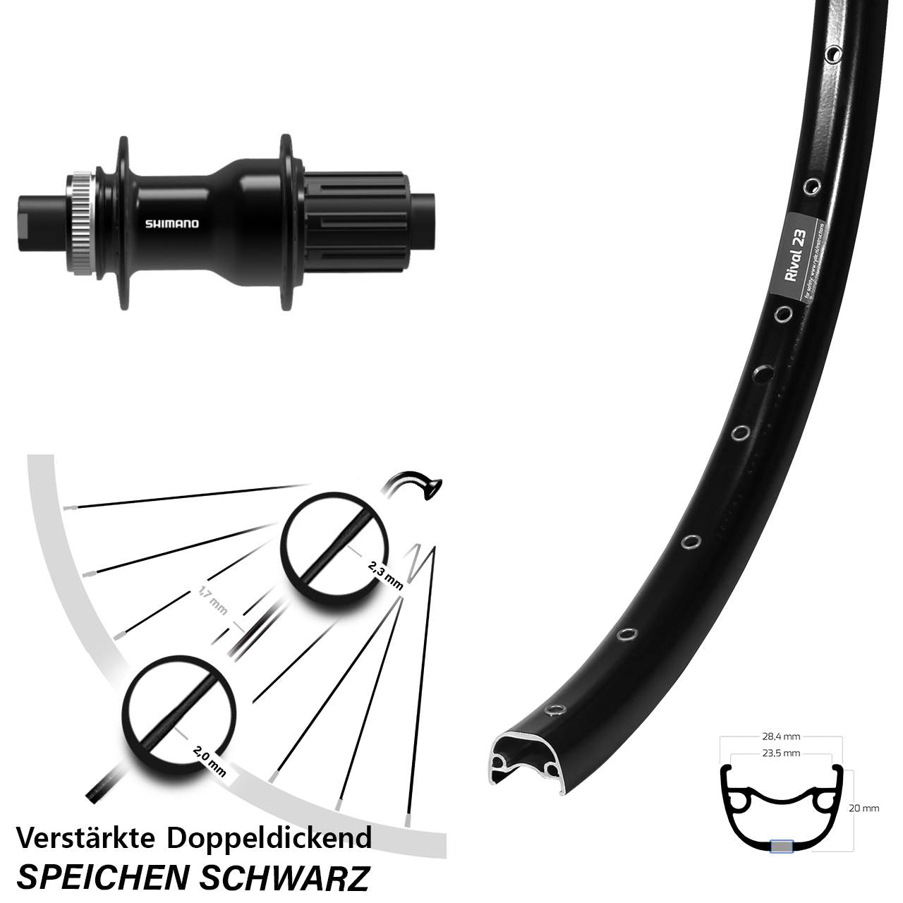 Hinterrad 27,5 Zoll Ryde Rival 23 Disc schwarz Shimano FH-TC500-HM-B