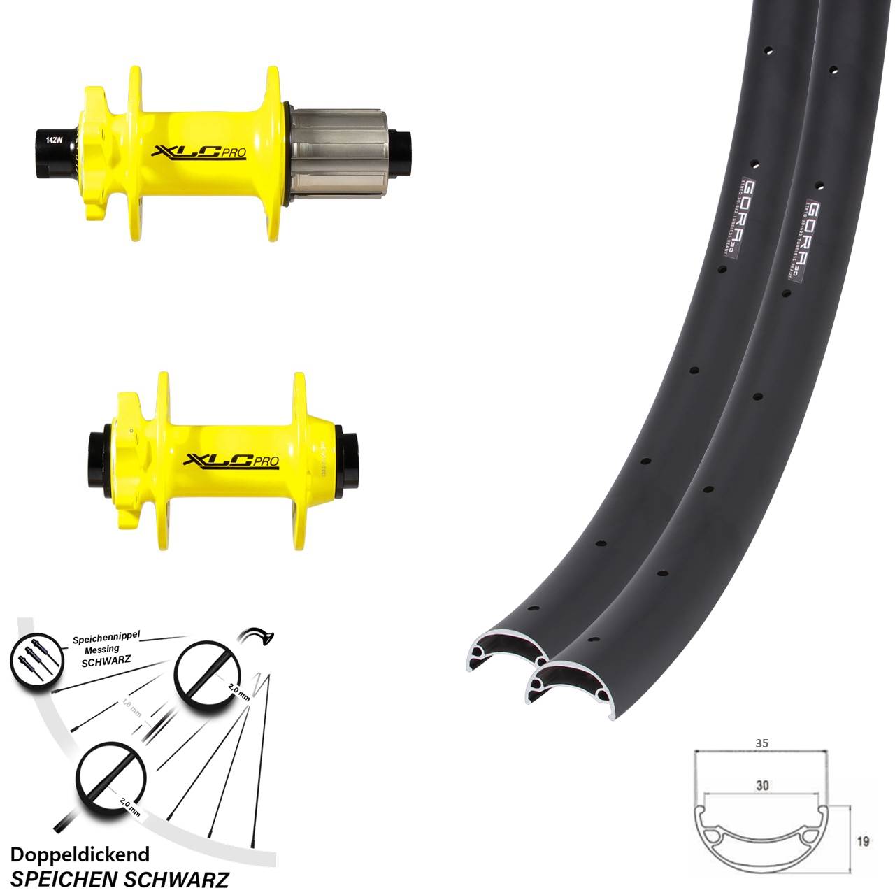 Laufradsatz XLC Pro gelb 29 Zoll Gora 30-622 ETRTO Steckachse 100x142 mm Disc 6-loch