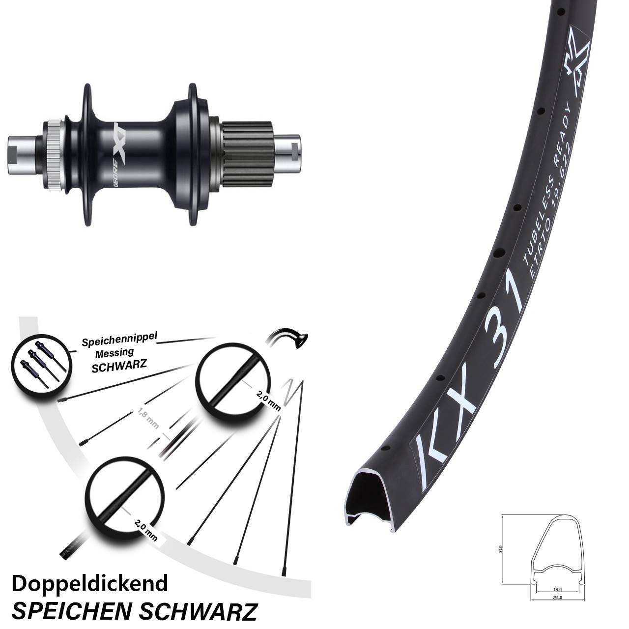 Centerlock Hinterrad 12x142 28 Zoll KX 31 Shimano Deore XT FH-M8110 Micro Spline