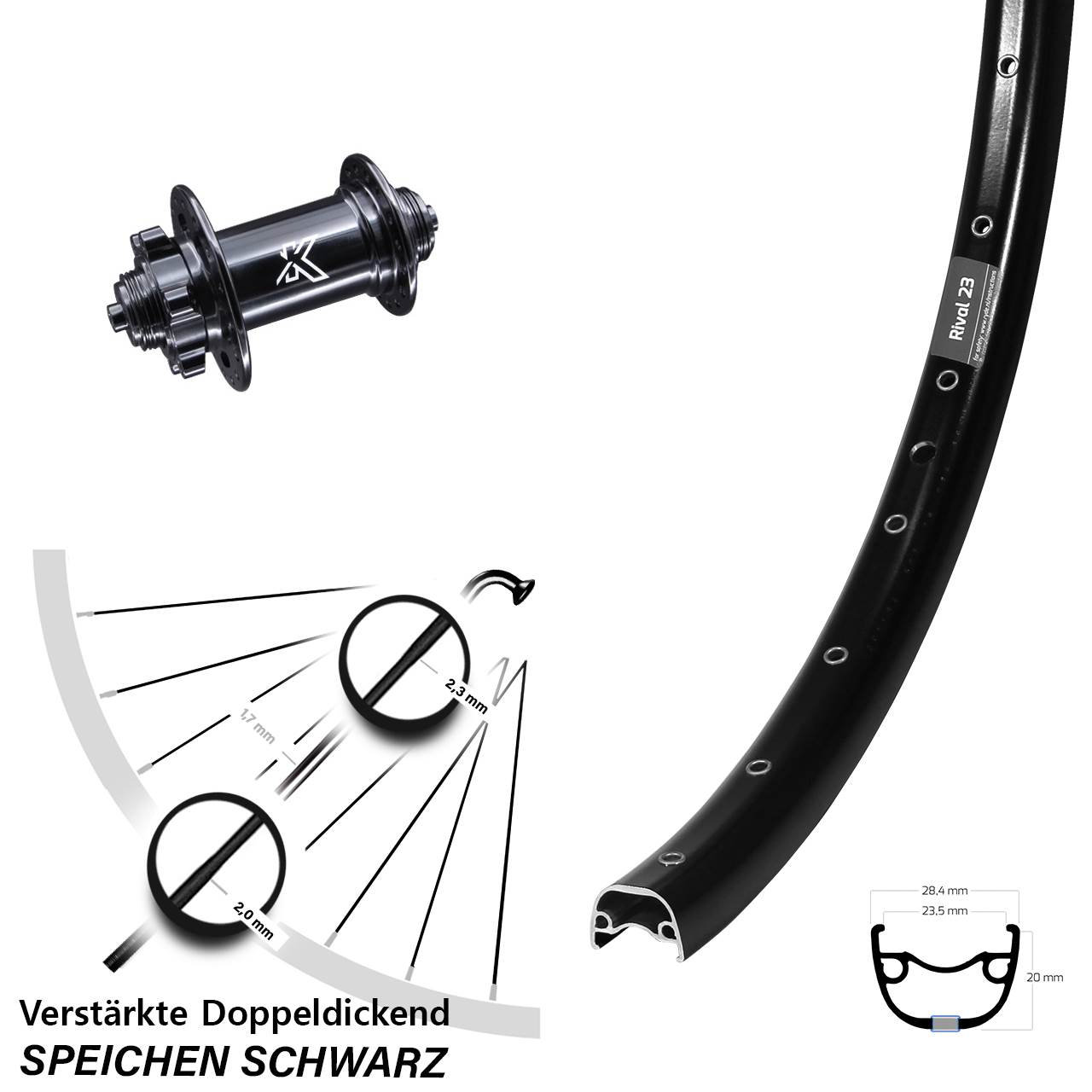 27,5 Zoll Ryde Rival 23 KX-M Vorderrad 6-Loch für Schnellspanner