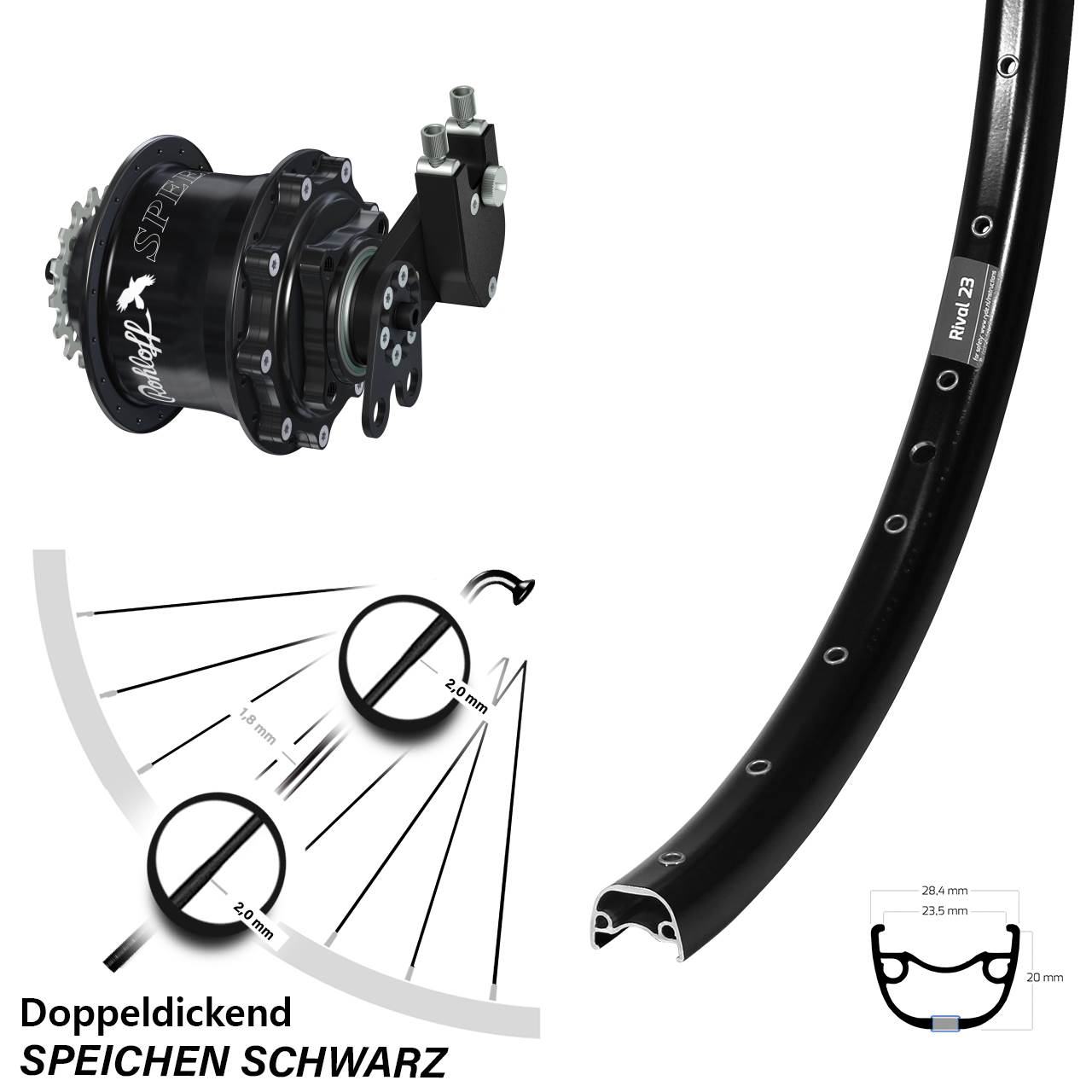 Hinterrad 27,5 Zoll Ryde Rival 23 Disc schwarz Rohloff Speedhub 500/14 CC DB Tandem