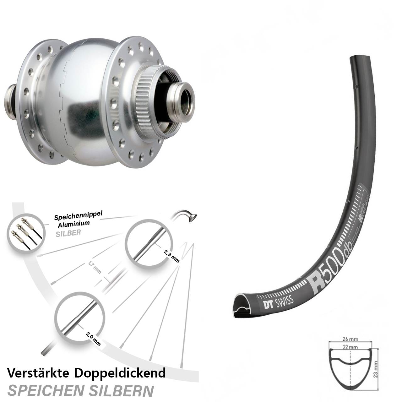 SON 28 silbern DT Swiss R 500 28-29 Zoll Disc Laufrad mit Nabendynamo 12x100