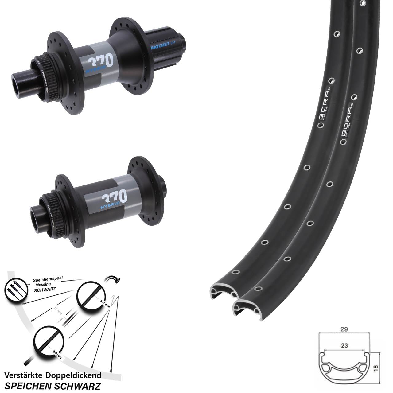 Disc Laufradsatz 29 Zoll Gora 23 DT Swiss 370 Hybrid 8-11 fach HG 15x110 12x148 Boost