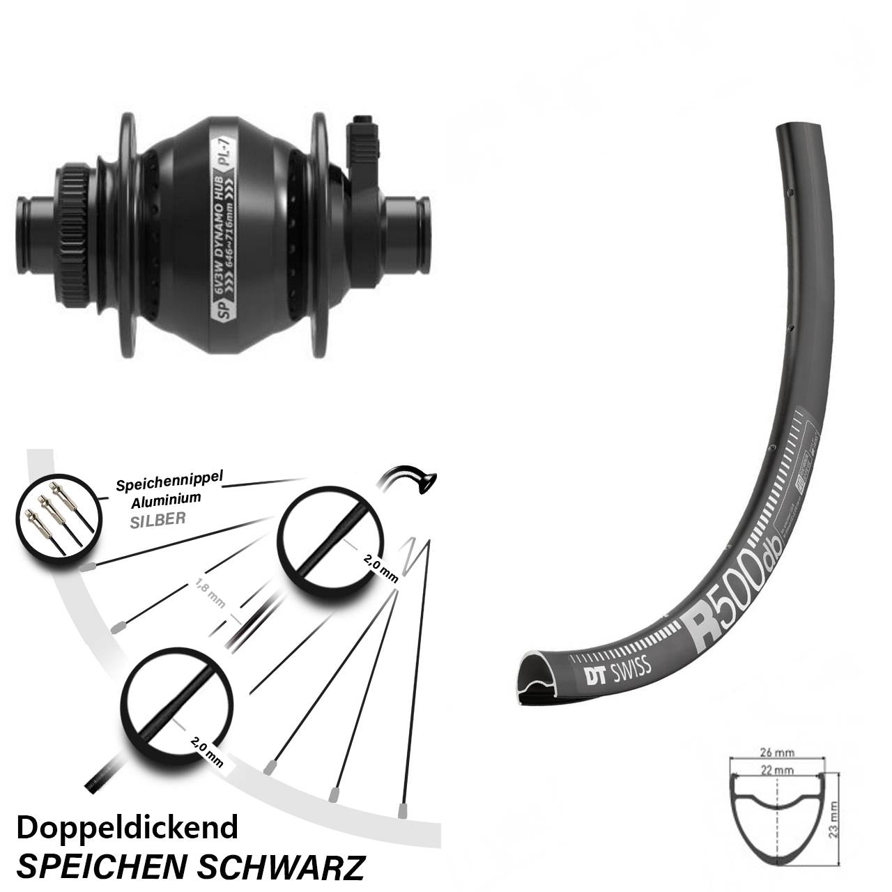 Vorderrad Shutter PL7 Nabendynamo DT Swiss R 500 Scheibenbremse 28 Zoll schwarz